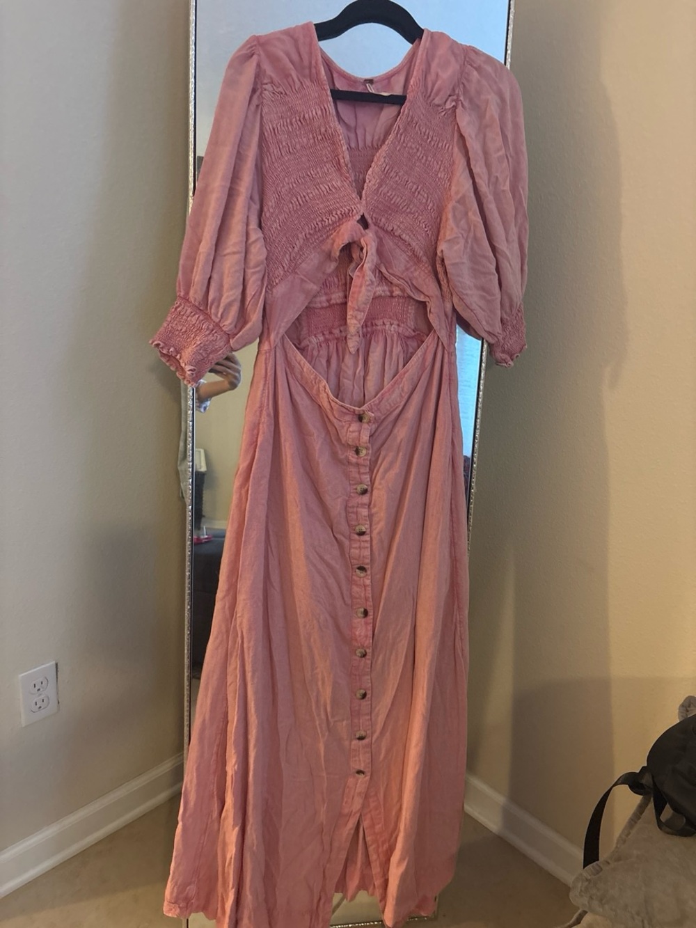 Free people Women's Pink Boho Button-Front Maxi Dress with Smocked Bodice
